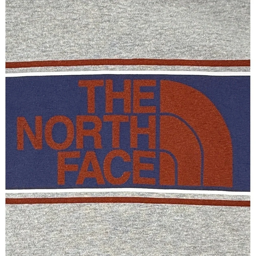 The North Face Mens M Hoodie Gray Logo‎ Stripe Pullover Fleece Kangaroo Pocket
